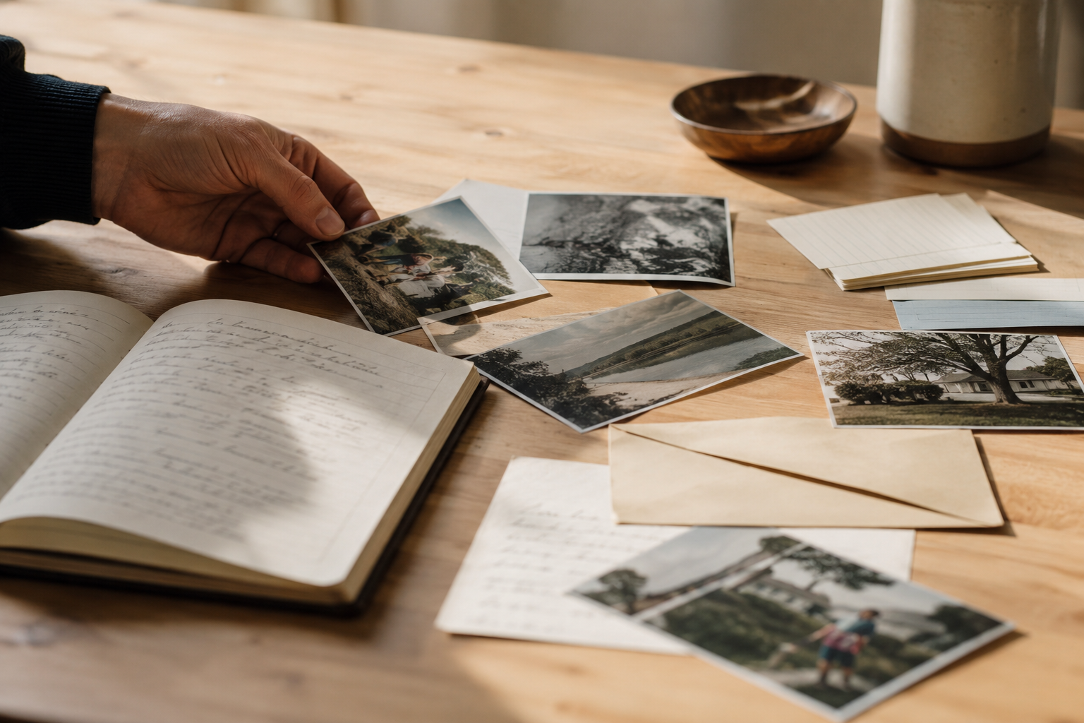 Carnet ouvert entouré de photographies et de lettres sur une table de travail lumineuse.